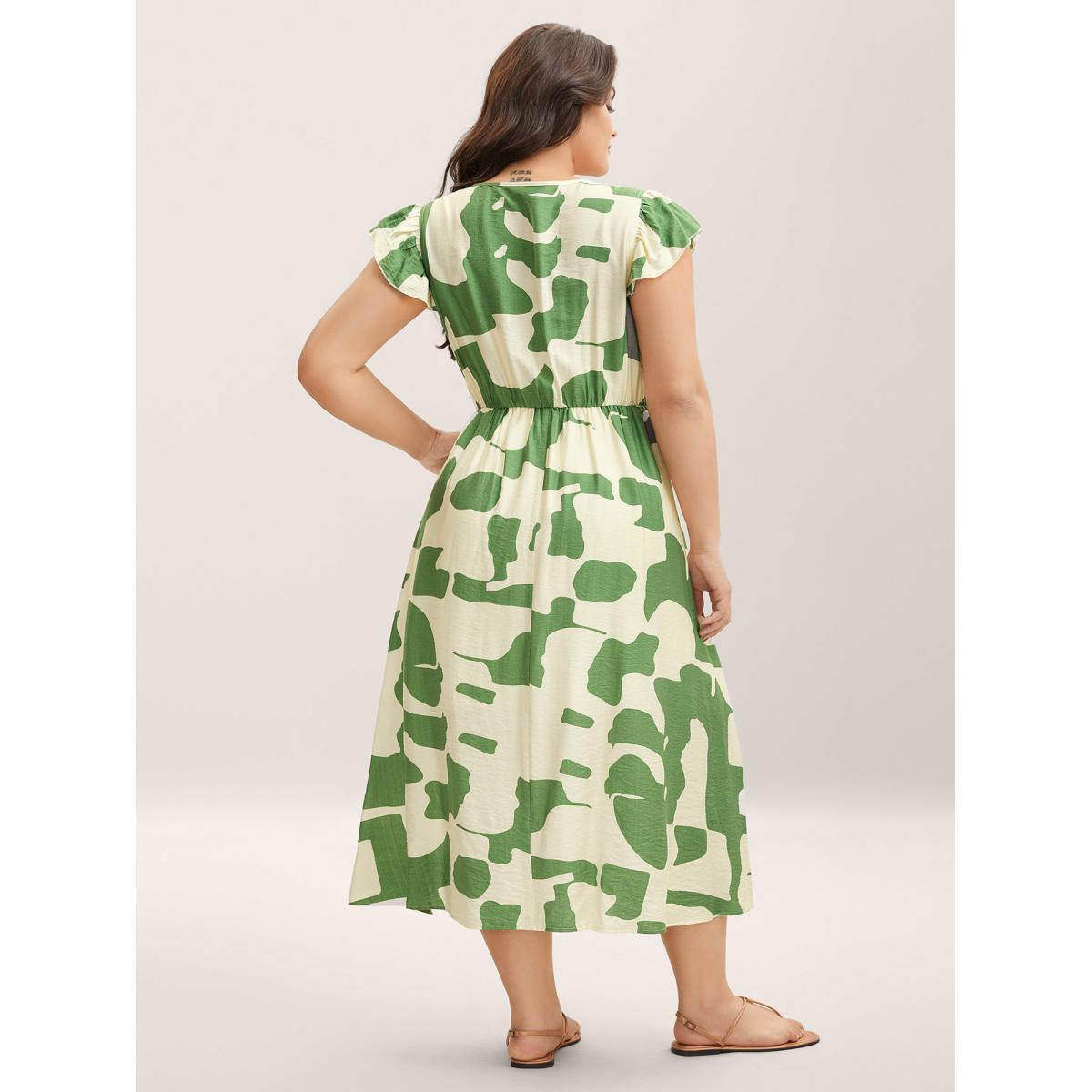 Plus Size Geometric Print Cinched-Waist Button Midi Dress Olive Women V-neck Short sleeve Curvy BloomChic 12/L Product Image