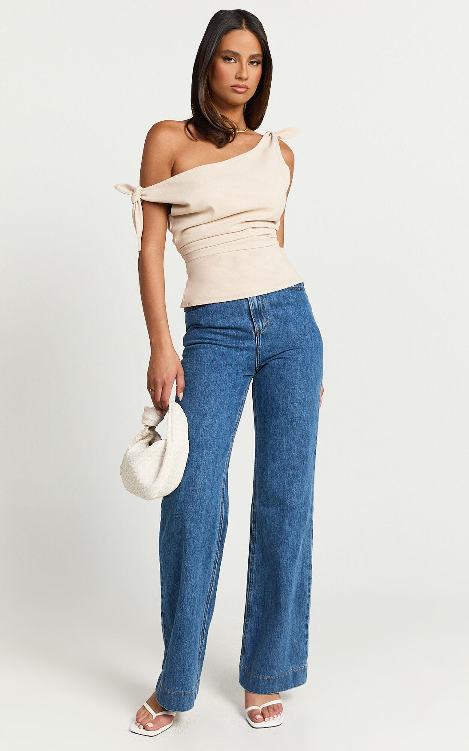 Ivy Top - Linen Off Shoulder Tie Top in Oatmeal Product Image