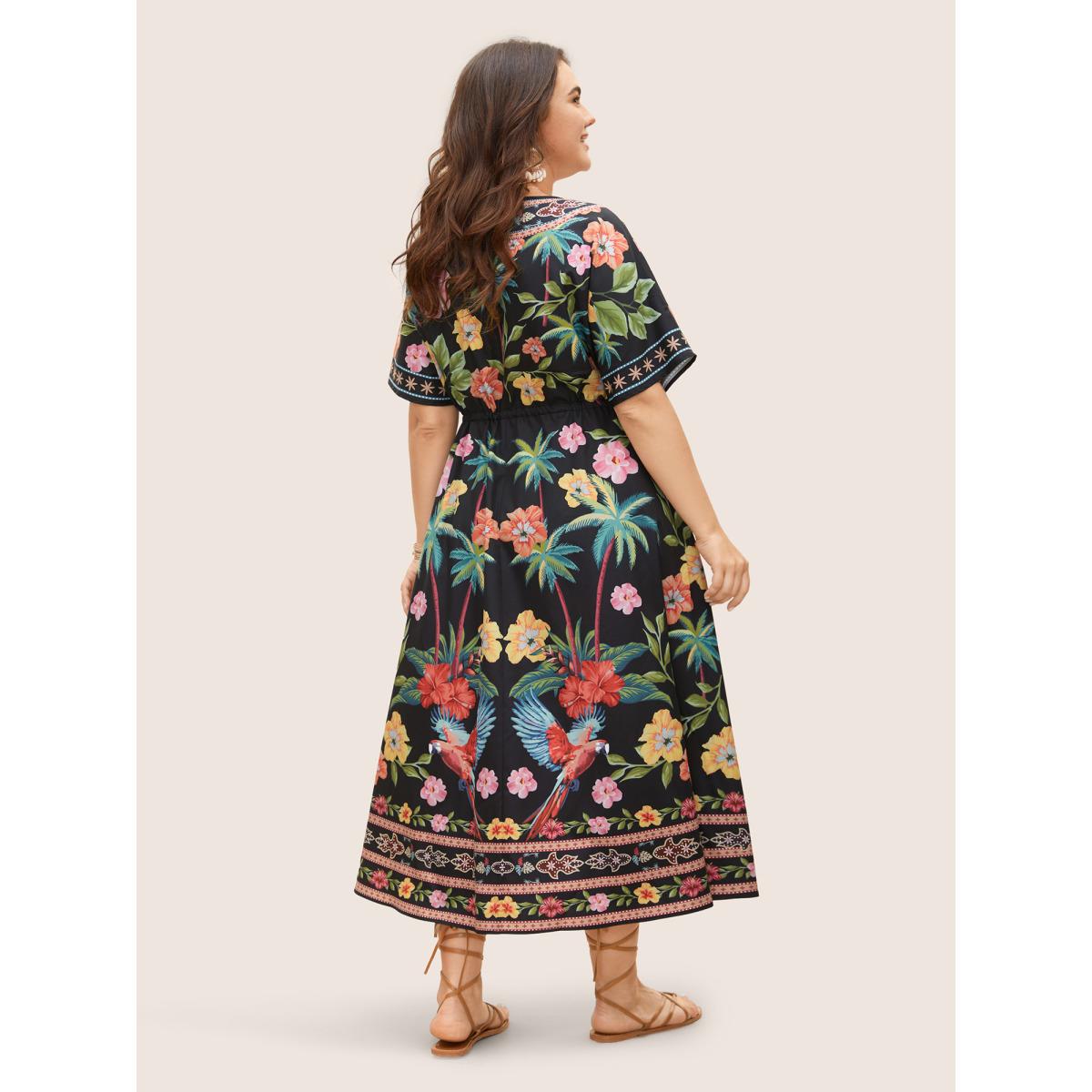 Plus Size Boho Print Overlap Collar Drawstring Dress Black Women Resort Drawstring Overlap Collar Short sleeve Curvy BloomChic 14-16/1X Product Image