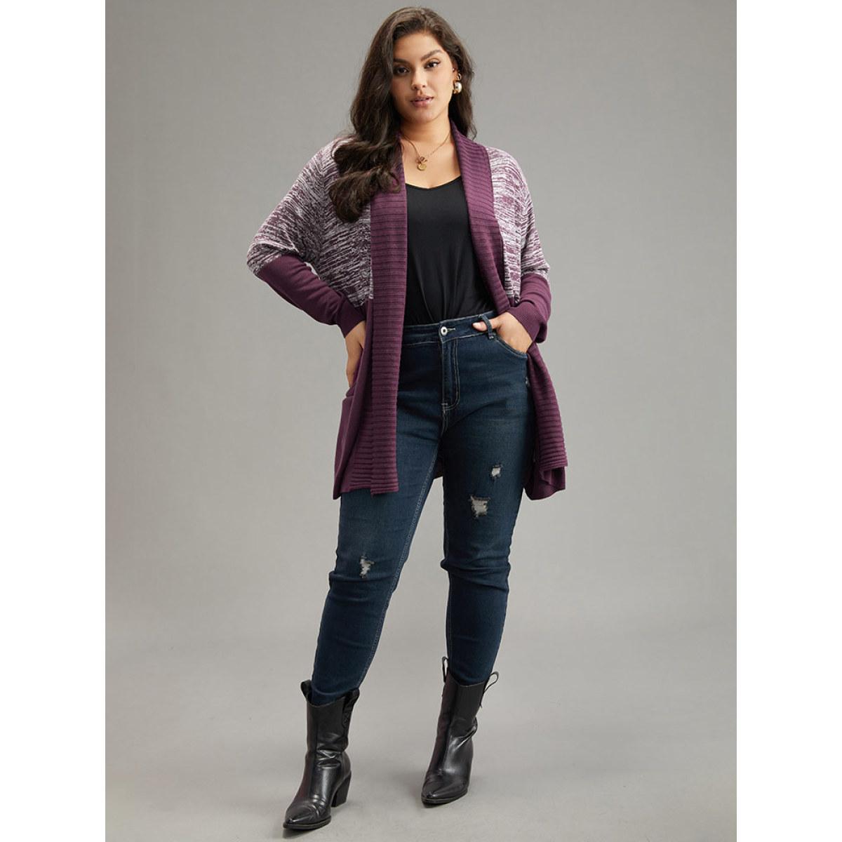 Plus Size Supersoft Essentials Patchwork Lapel Collar Cardigan Eggplant Women Casual Loose Long Sleeve Dailywear Cardigans BloomChic 26/4X Product Image