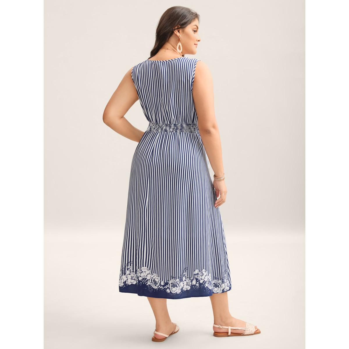 Plus Size Stripes Cinched-Waist Floral Hem Maxi Dress DarkBlue Women Resort V-neck Sleeveless Curvy BloomChic 28/5X Product Image