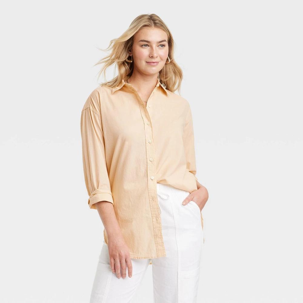 Women's Tunic Long Sleeve Collared Button-Down Shirt - Universal Thread™ XS: Relaxed Fit, Lightweight Cotton, Below Hip Length Product Image