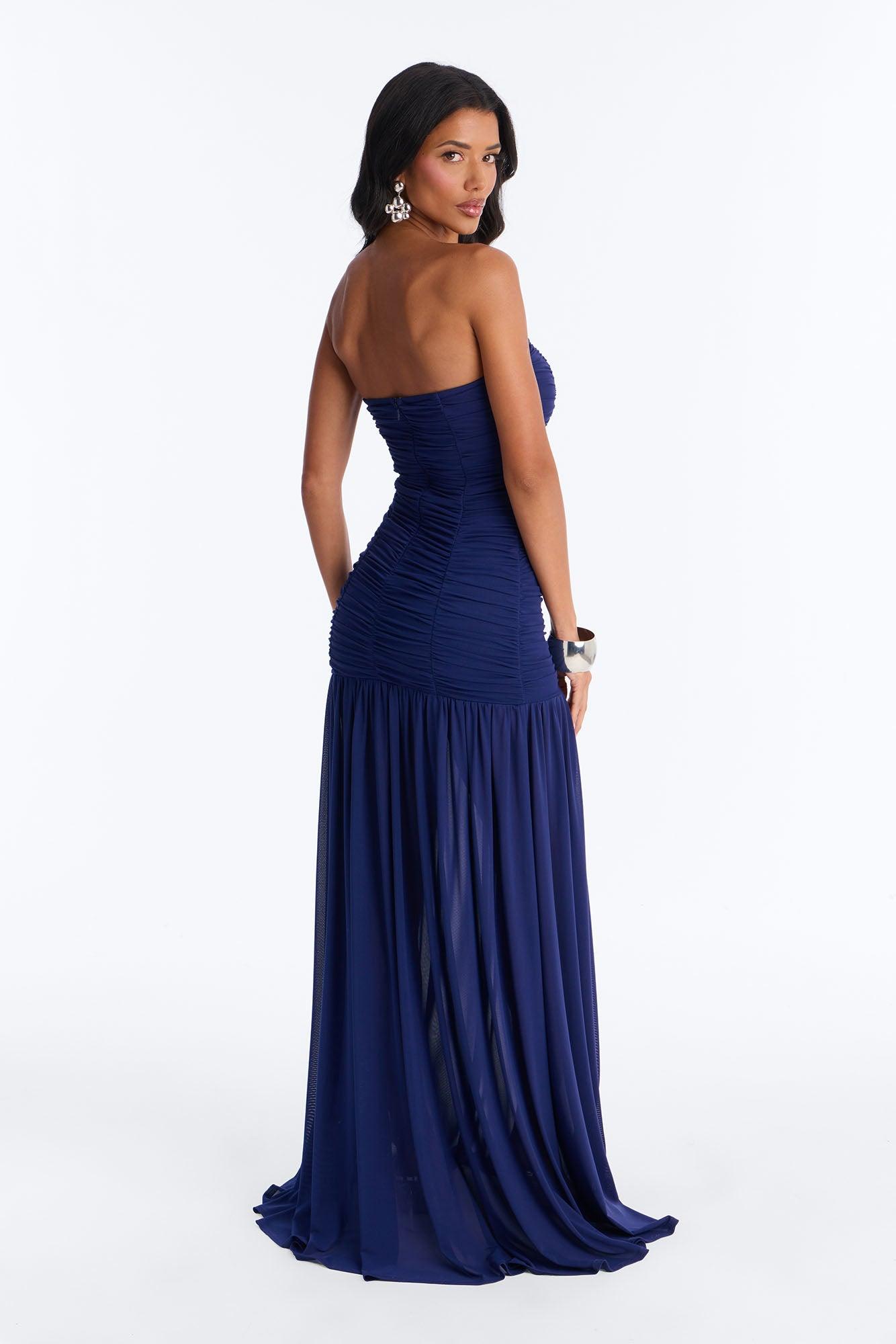 Soft Glam Ruched Mesh Gown - Navy Female Product Image