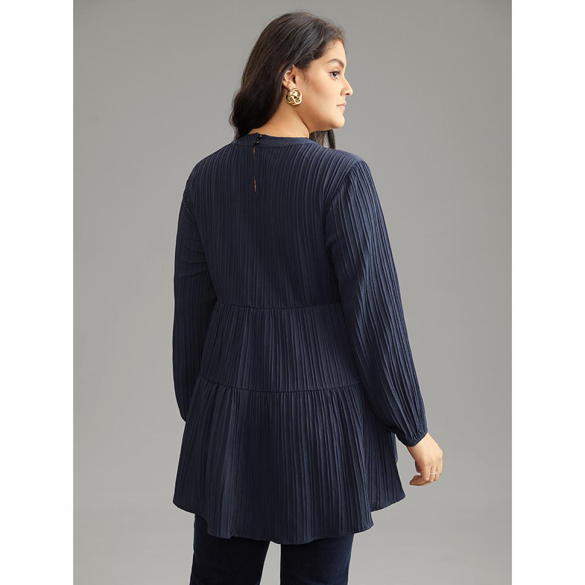 Plus Size Indigo Keyhole Textured Lantern Sleeve Layered Hem Blouse Women Casual Long Sleeve Keyhole Cut-Out Dailywear Blouses BloomChic 26/4X Product Image