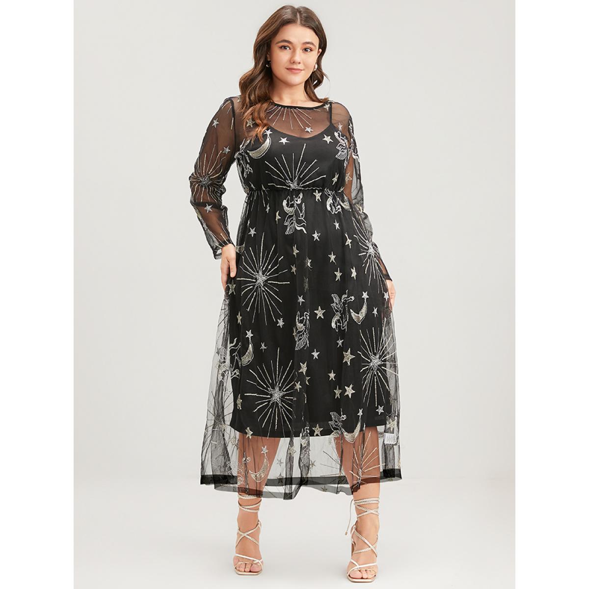 Moon and Star Embroidered Plus Size Women Midi Dress Going out Gathered Long Sleeve Round Neck Party Dresses BloomChic Product Image