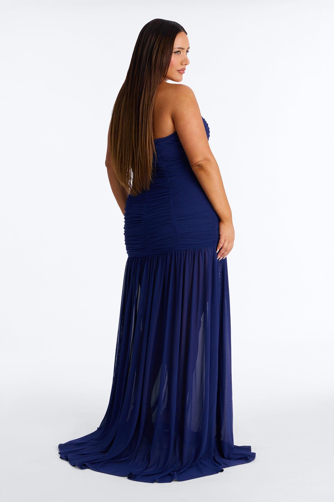 Soft Glam Ruched Mesh Gown - Navy Female Product Image