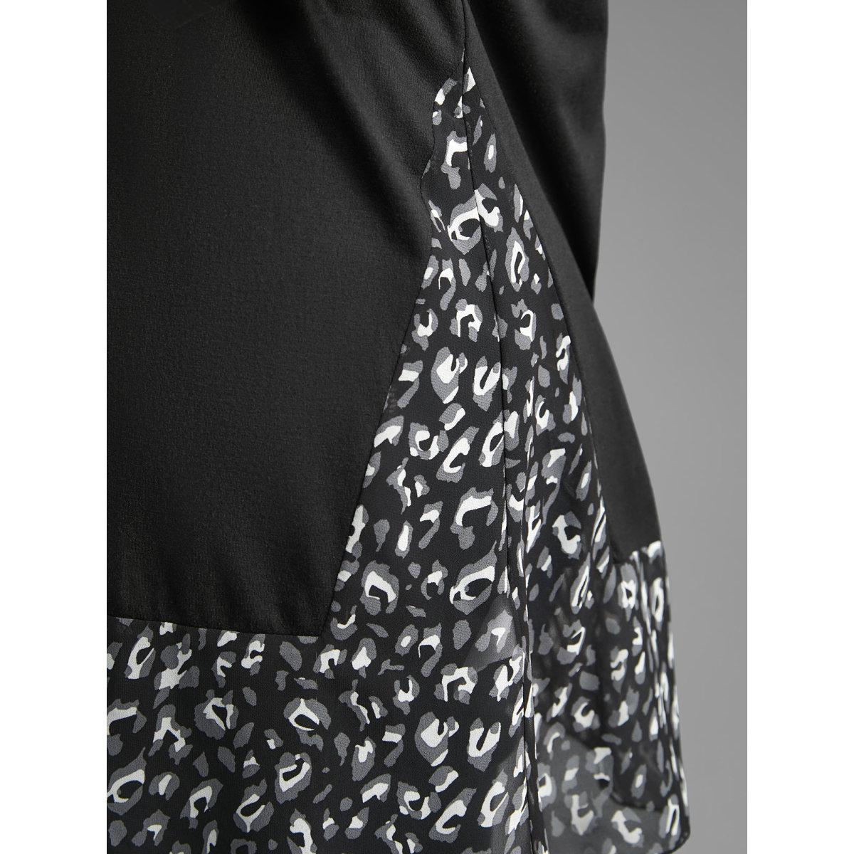 Plus Size Crew Neck Leopard Print Patchwork T-shirt Black Women Elegant Patchwork Round Neck Everyday T-shirts BloomChic 12/L Product Image