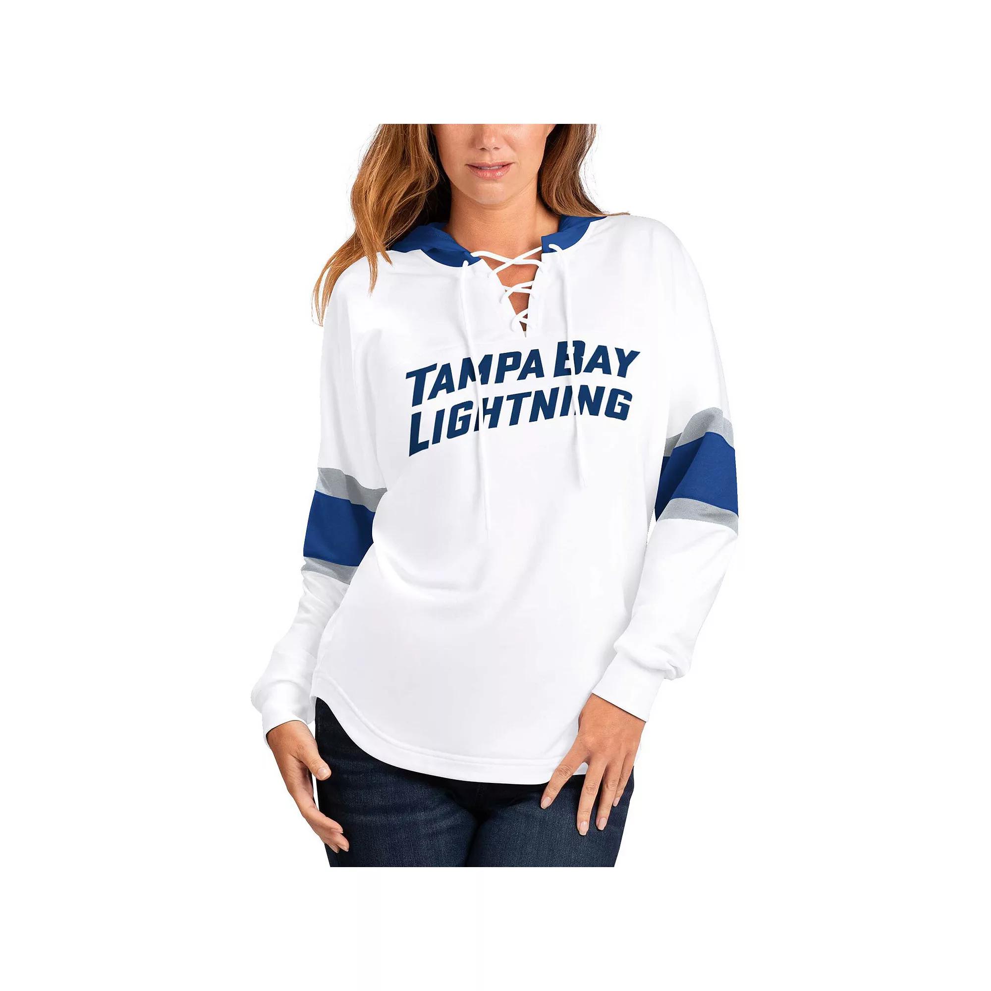Women's G-III 4Her by Carl Banks White/Blue Tampa Bay Lightning Goal Zone Long Sleeve Lace-Up Hoodie T-Shirt, Size: Small, Lgh White Product Image