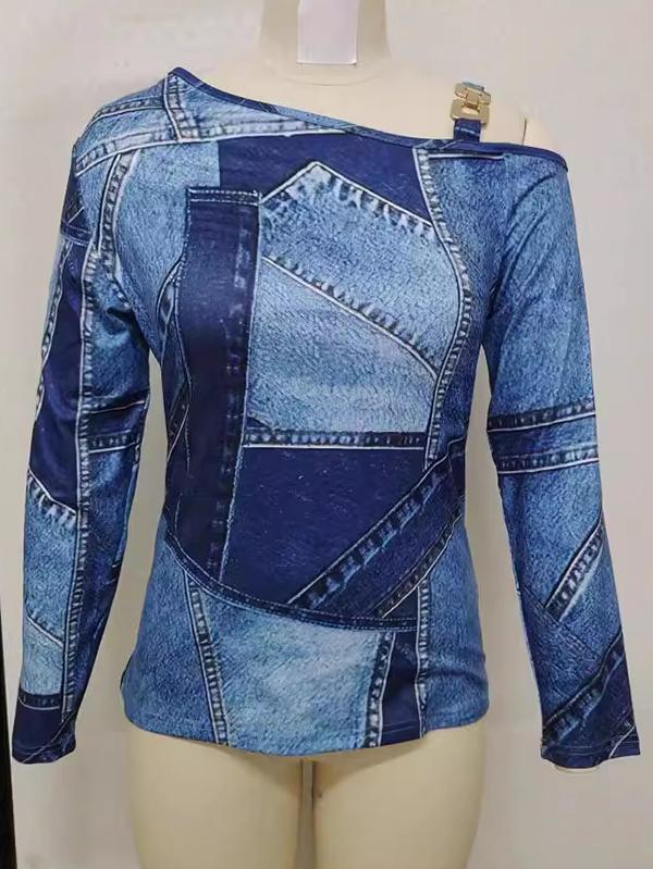 Long Sleeves Loose Asymmetric Printed Split-Joint Cold Shoulder T-Shirts Tops Product Image