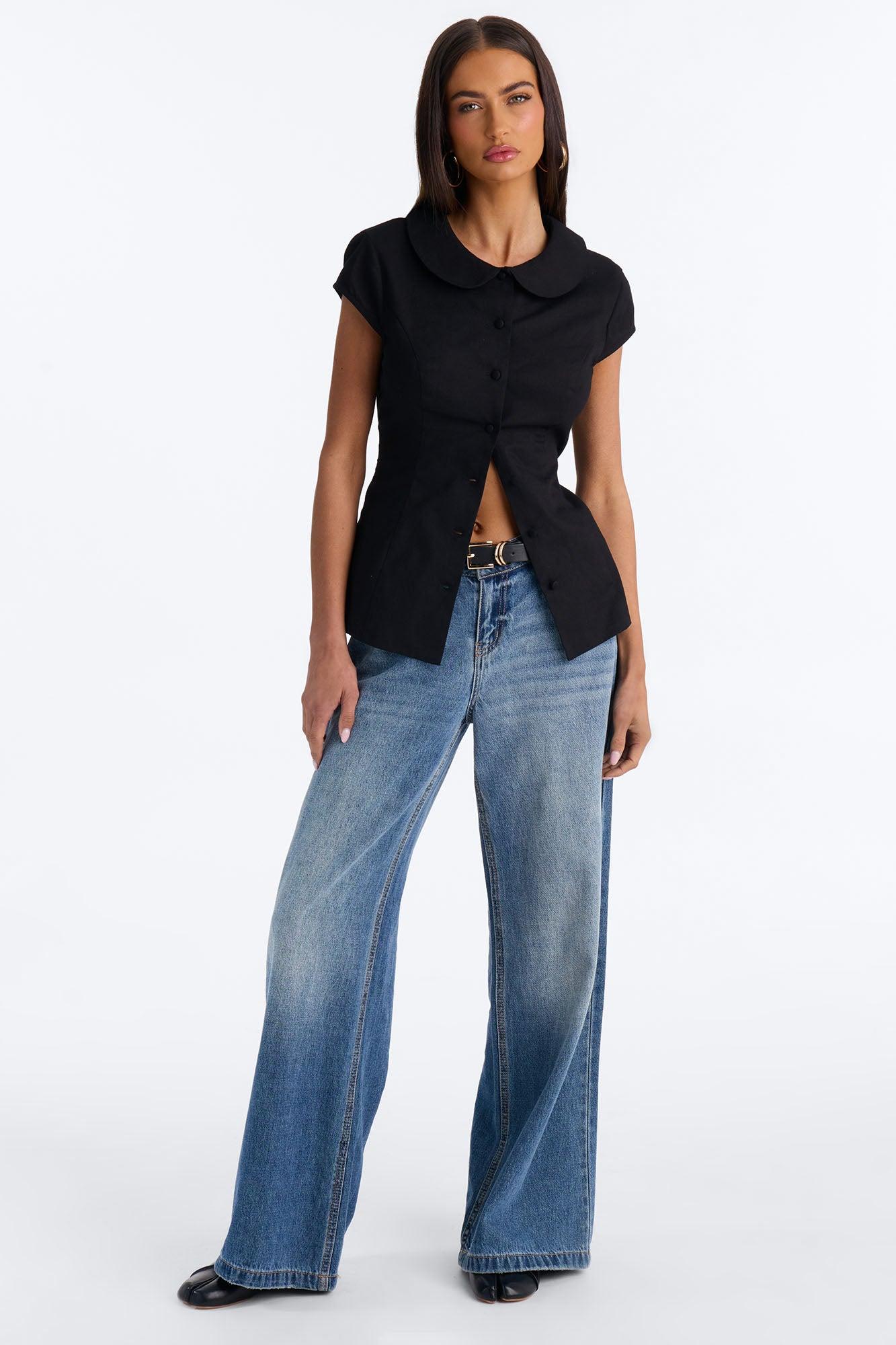 Little Cute Moment Tie Back Linen Shirt - Black Female Product Image