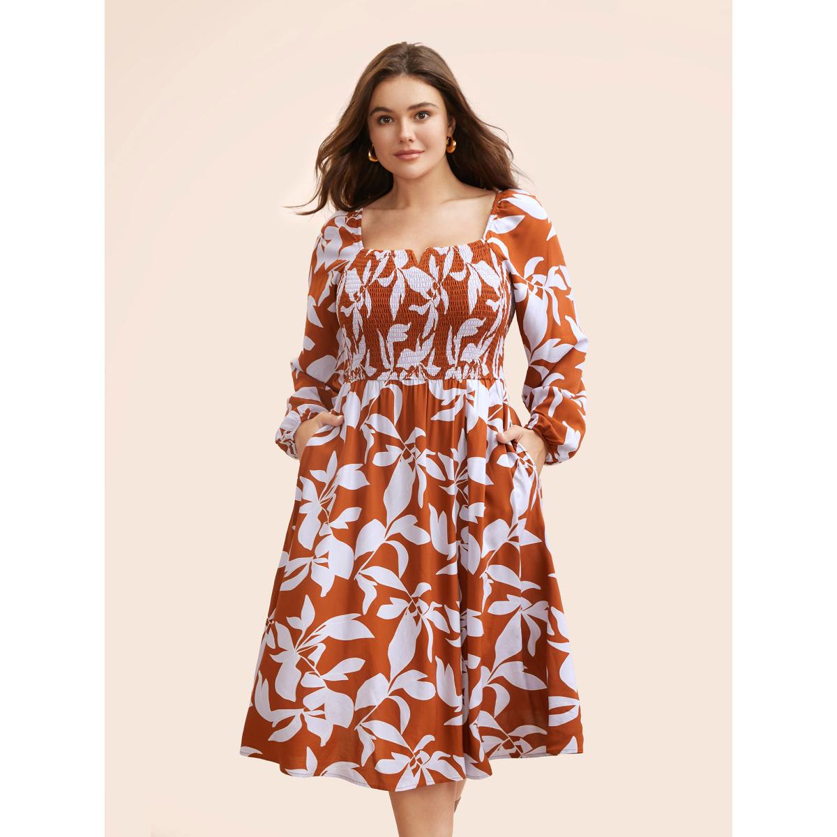 Plus Size Silhouette Floral Print Shirred Midi Dress Rust Women Elegant Shirred Square Neck Long Sleeve Curvy BloomChic 26/4X Product Image