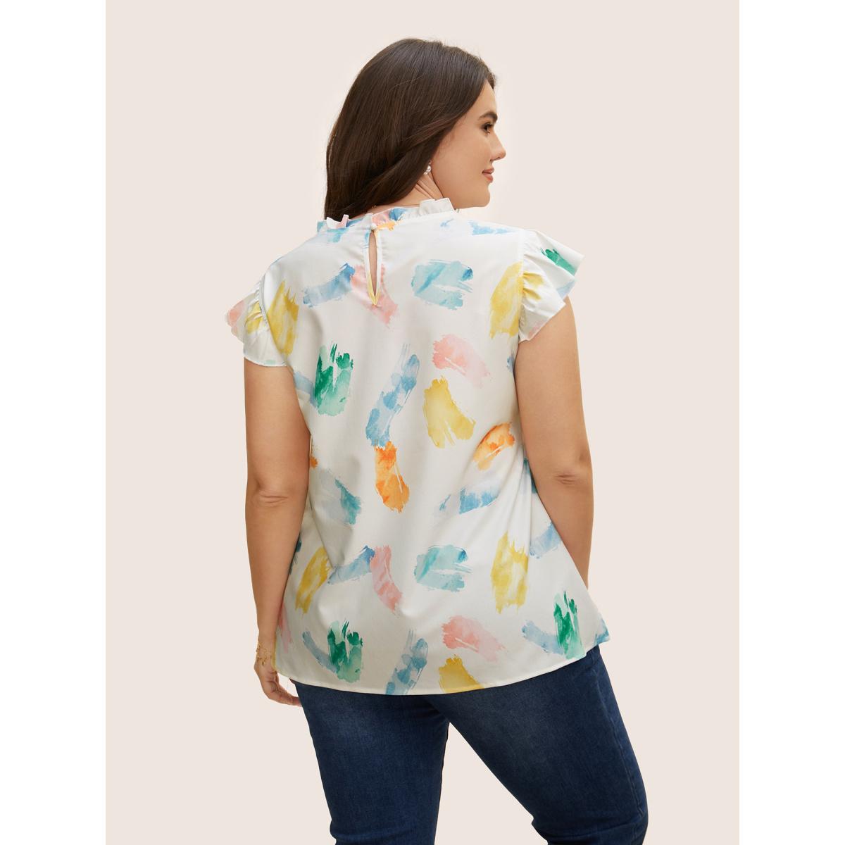 Plus Size Multicolor Brush Print Pleated Ruffle Cap Sleeve Blouse Women Elegant Cap Sleeve Mock Neck Everyday Blouses BloomChic 26/4X Product Image