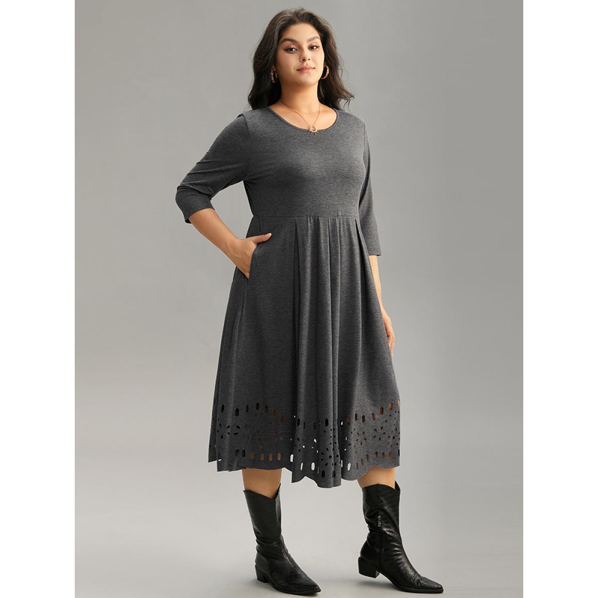 Plus Size Plain Elastic Waist Laser Cut Crew Neck Dress Gray Women Casual Plain Round Neck Elbow-length sleeve Curvy Midi Dress BloomChic 22-24/3X Product Image