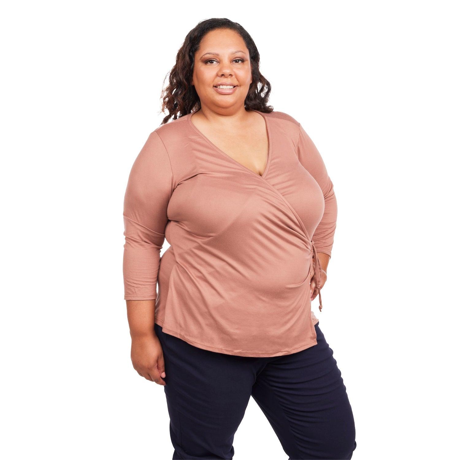 Inner Beauty Plus Solid 3/4 Sleeve Surplice Front V-Neck Top Product Image