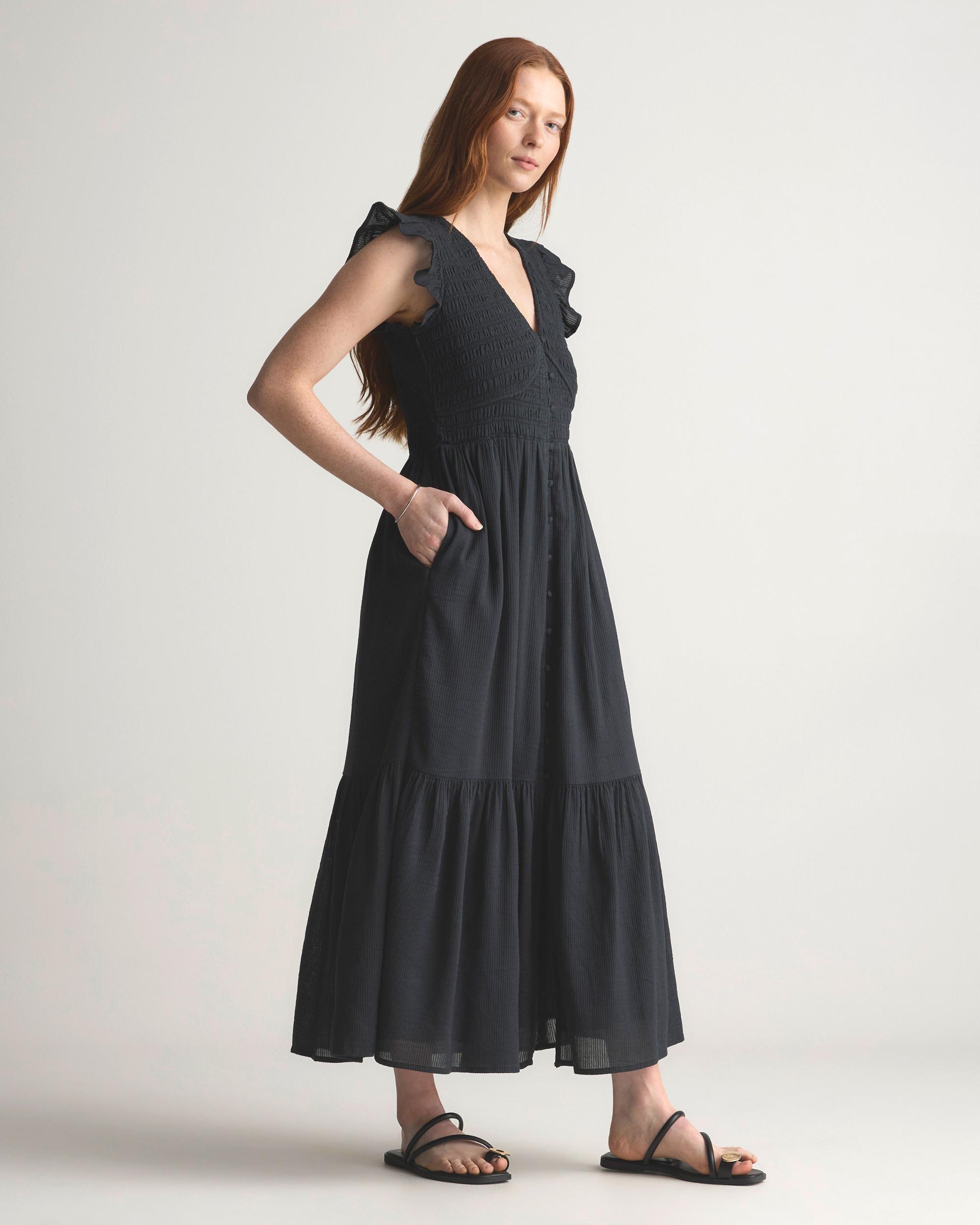 Quince | Women's Organic Textured Cotton Smocked V-Neck Midi Dress Organic Cotton Product Image