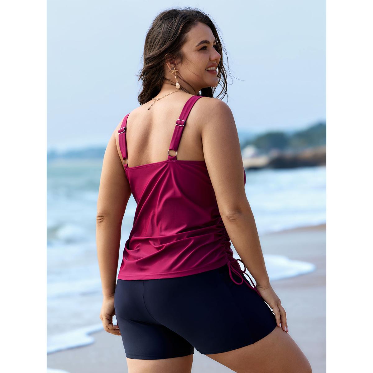 Plus Size Island Print Drawstring Adjustable Swim Top Women's Swimwear Rosered Resort Contrast High stretch Bodycon U-neck Curve Swim Tops BloomChic 26/4X Product Image