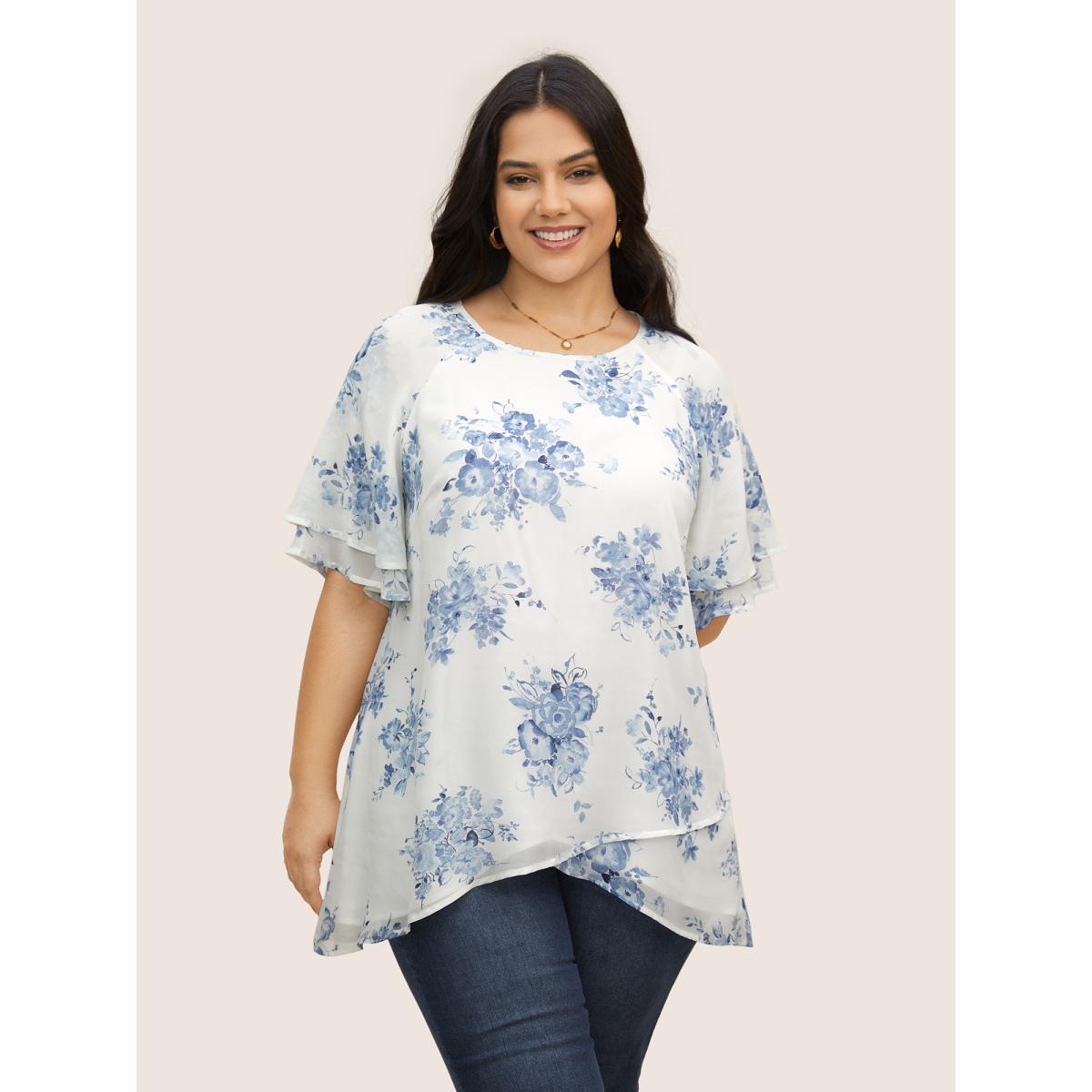Plus Size Originalwhite Chiffon Floral Tiered Ruffles Raglan Sleeve Blouse Women Elegant Half Sleeve Round Neck Everyday Blouses BloomChic 14-16/1X Product Image