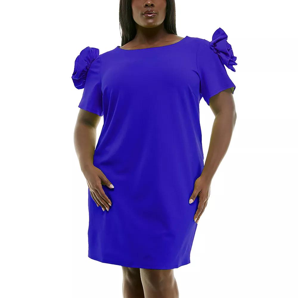 Plus Size Nina Leonard Shoulder Flower Ruffle Mini Sheath Dress, Womens Product Image