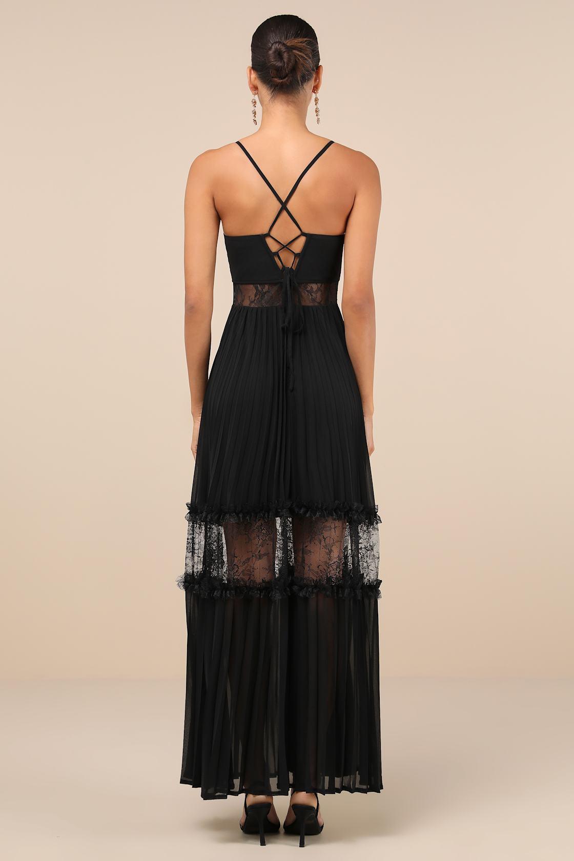 Deeply Stunning Black Lace Pleated Lace-Up Backless Maxi Dress Product Image
