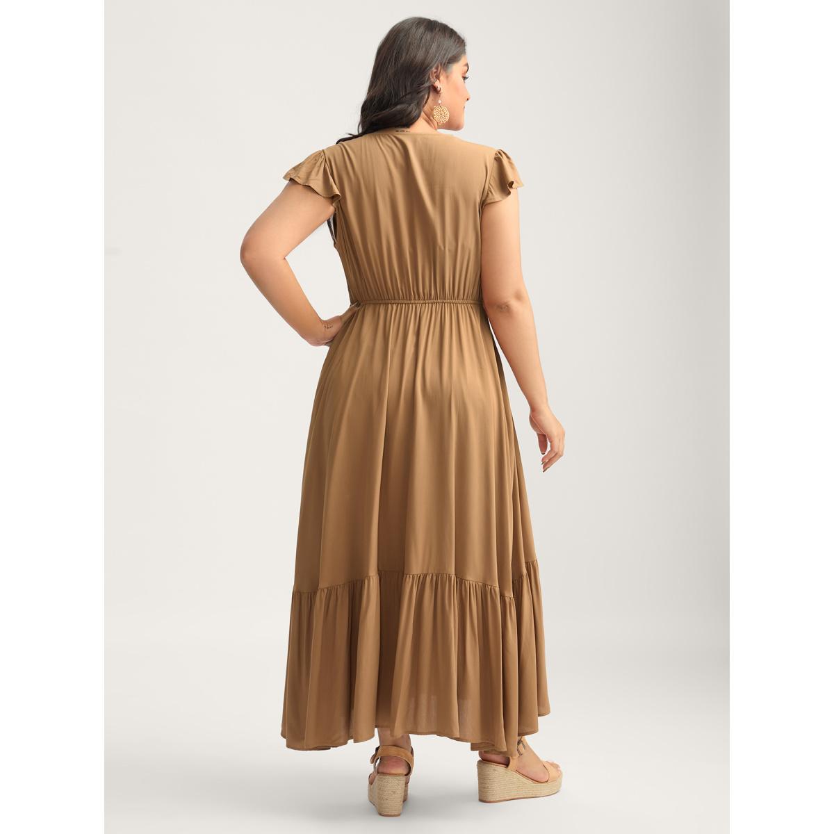 Plus Size Rayon Lace Trim Button Placket Flutter Maxi Dress Yellowishbrown Women V-neck Long Sleeve Curvy BloomChic 30/6X Product Image