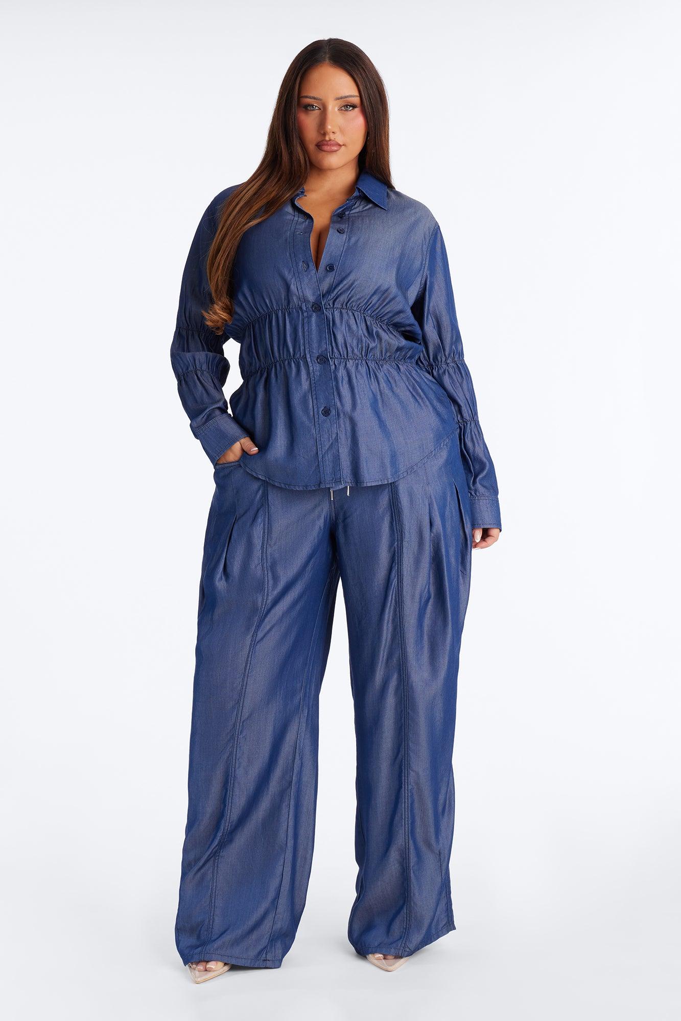 Lasting Impressions Chambray Wide Leg Pant Set - Blue Female Product Image