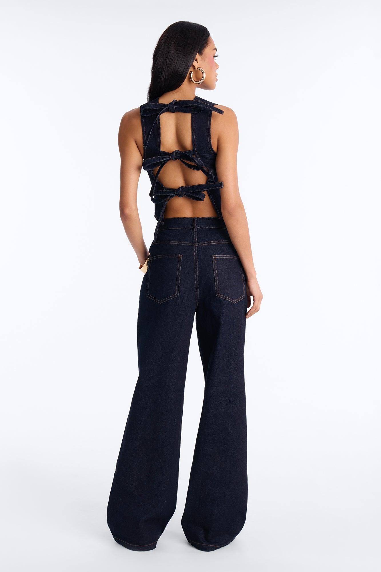 Kelsey Lace Up Back Denim Pant Set - Dark Wash Female Product Image