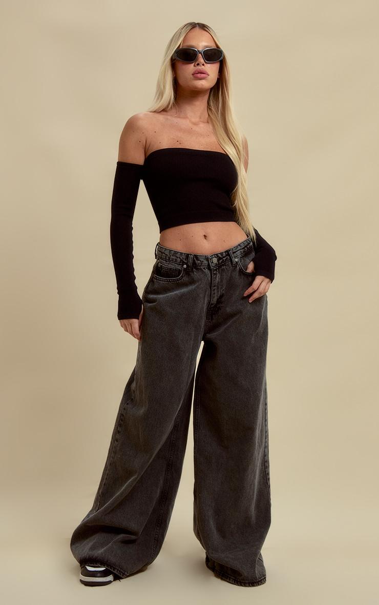 Black Structured Snatched Rib Bardot Crop Top Product Image