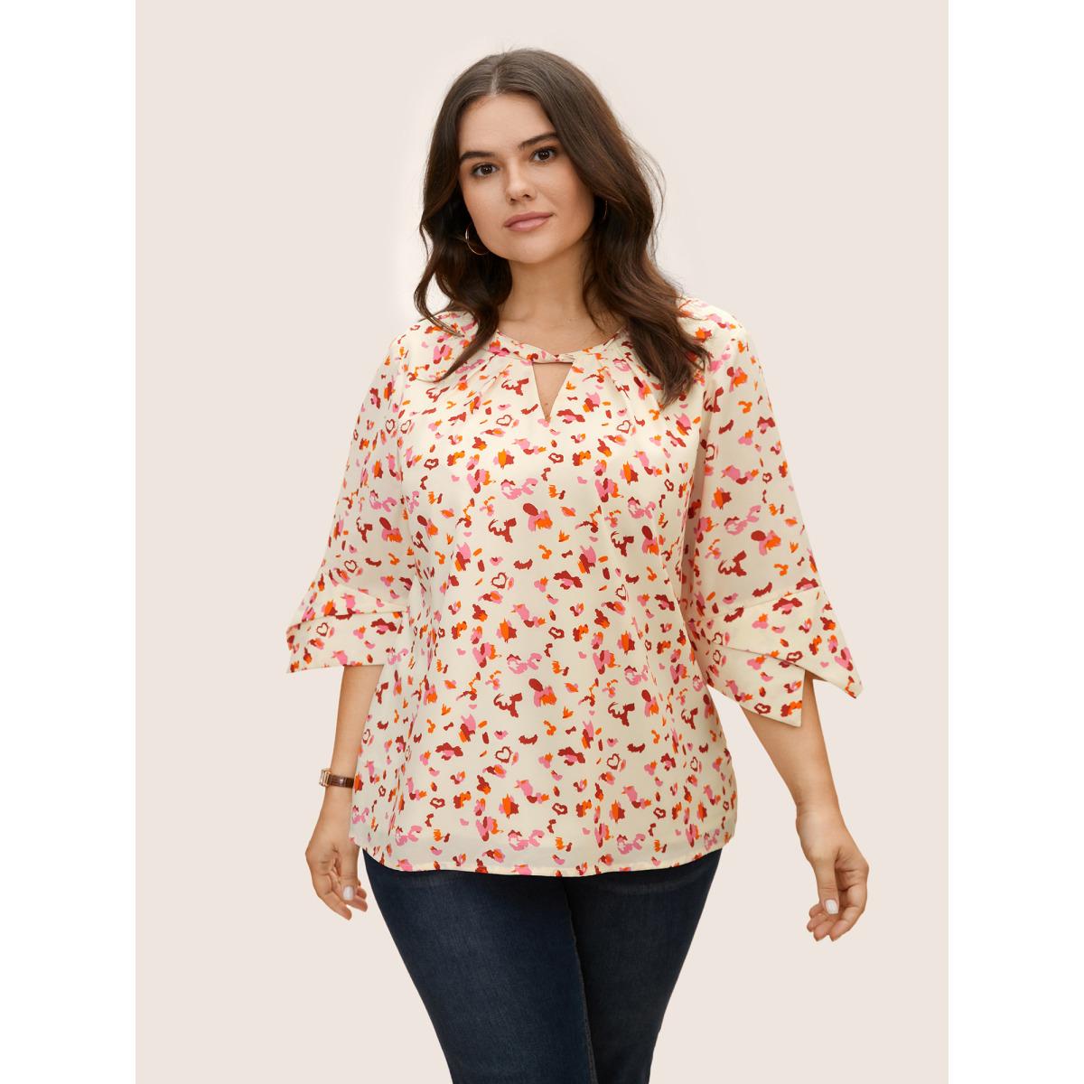 Plus Size Multicolor Allover Print Ruffle Sleeve Keyhole Blouse Women At the Office Elbow-length sleeve Round Neck Office Blouses BloomChic 28/5X Product Image