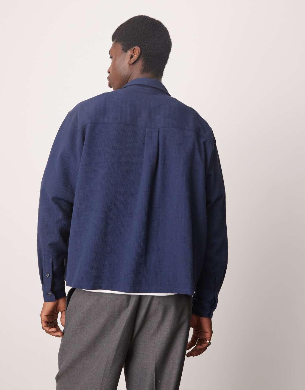 ASOS DESIGN oversized boxy shirt with crinkle texture in navy Product Image