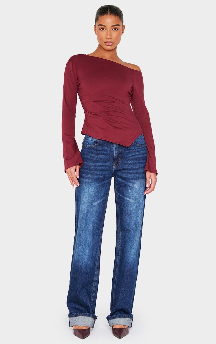 Burgundy Cotton Ruched Side Long Sleeve Top Product Image