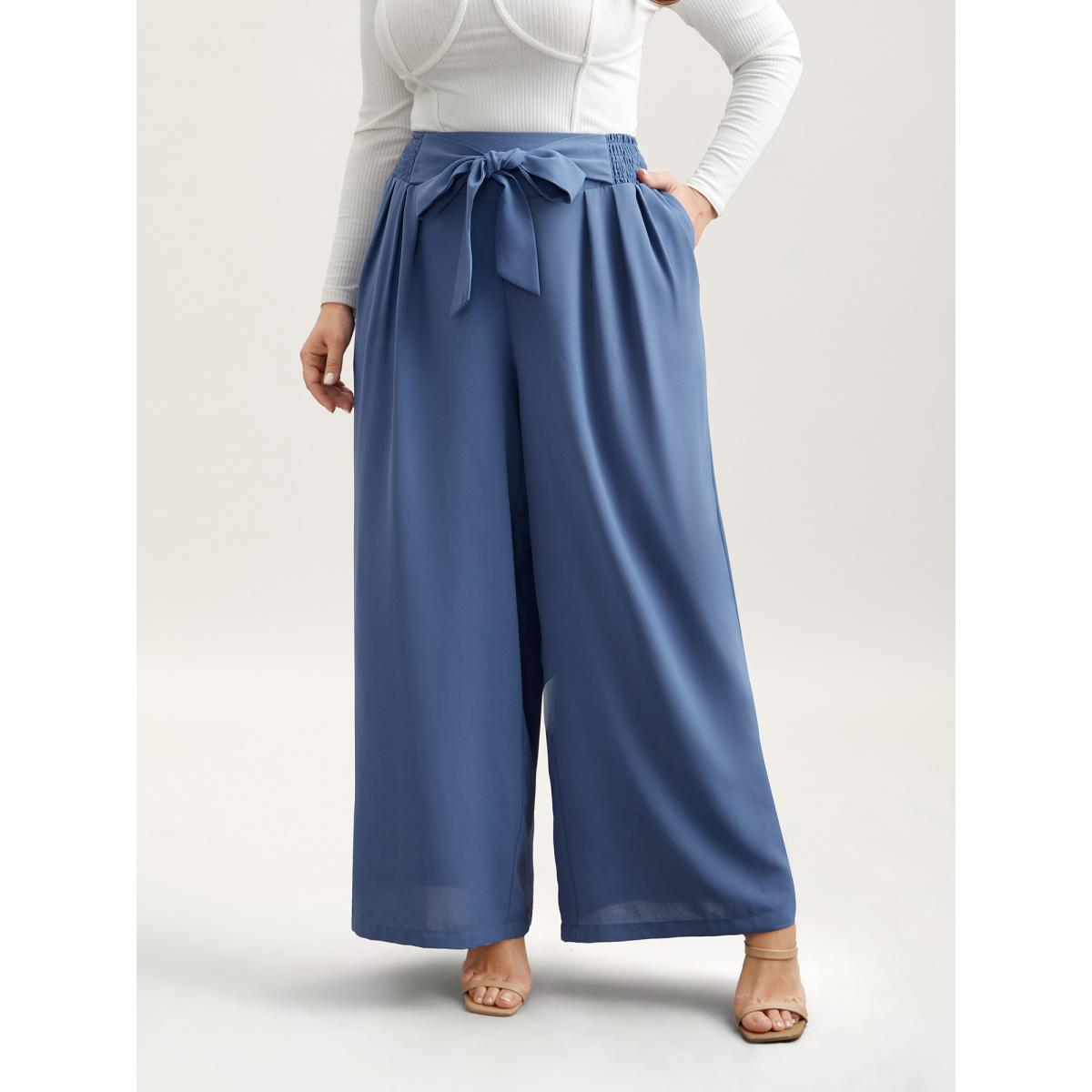 Plus Size Smocked Waist-Tie Flared Pants Women Mediumblue Elegant Wide Leg Mid Rise Everyday Pants BloomChic 18-20/2X Product Image