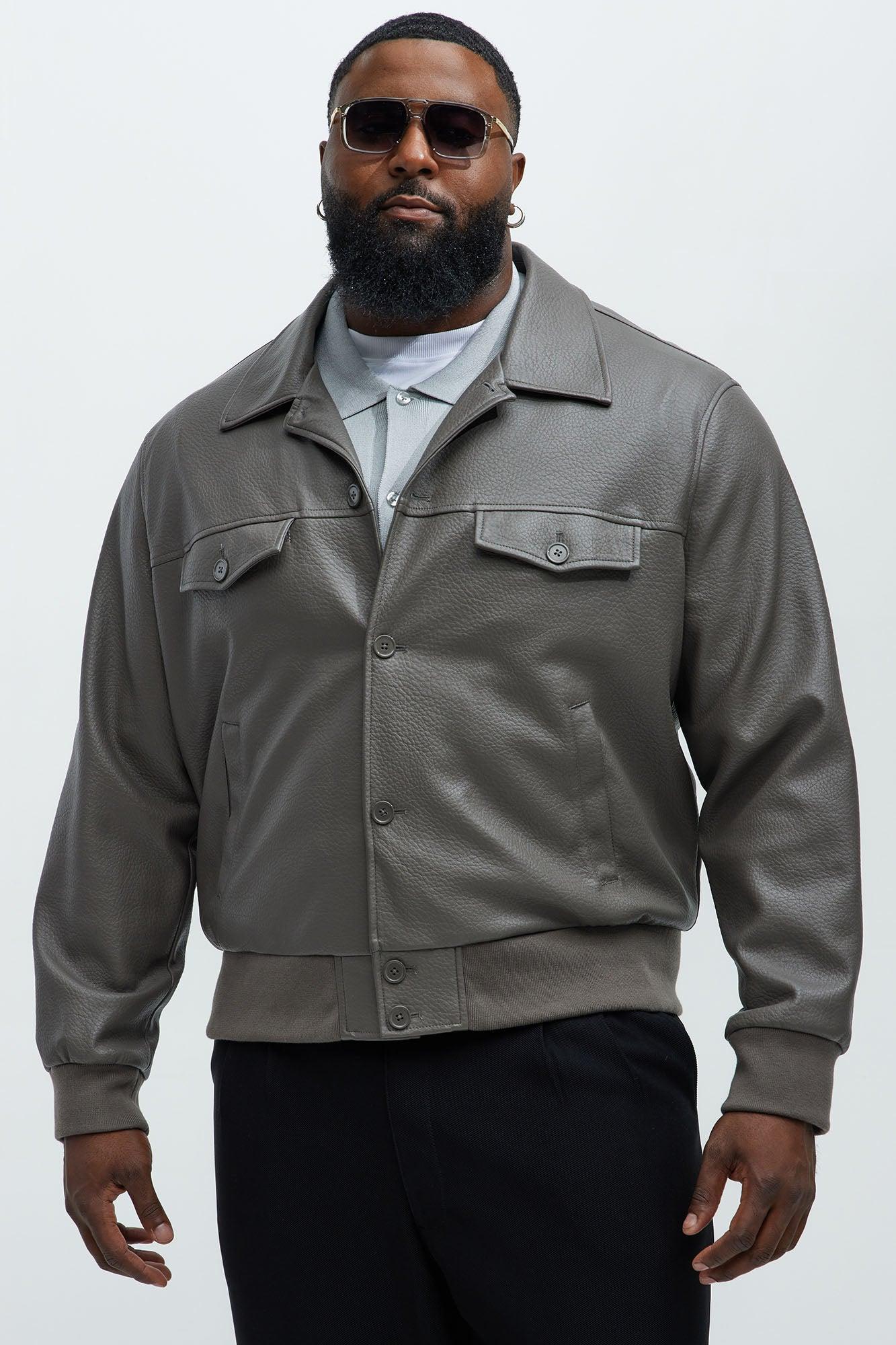 Carver Faux Leather Collar Bomber Jacket - Grey Product Image