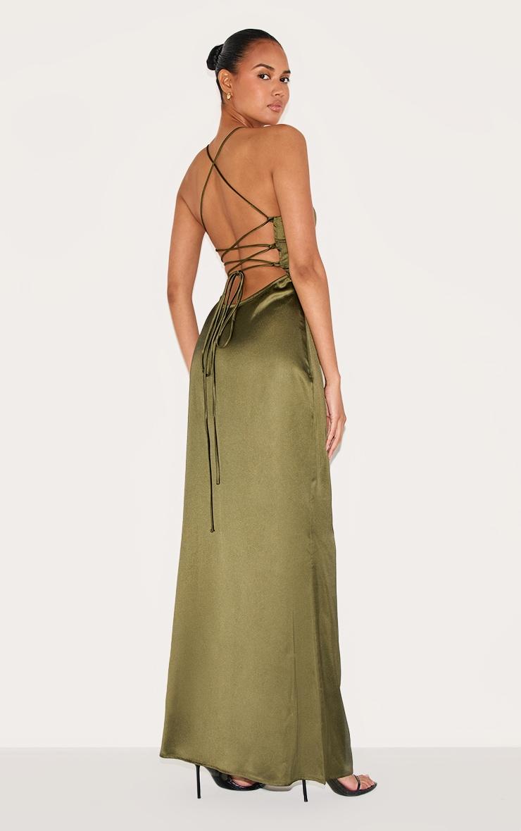  Olive Satin Tie Back Maxi Dress Product Image