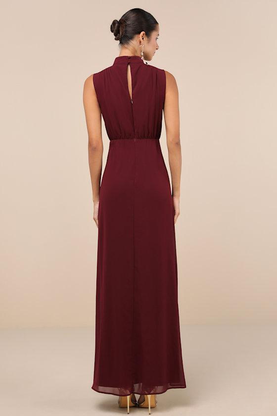 Classic Elegance Plum Chiffon Sleeveless Mock Neck Maxi Dress Product Image