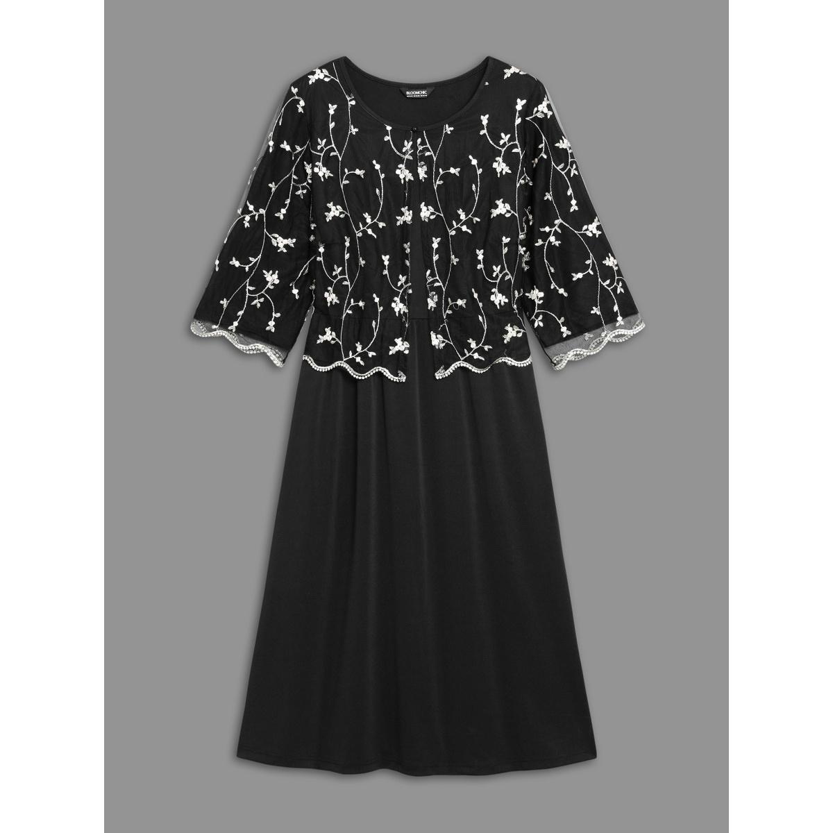 Plus Size Round Neck Floral Embroidered Dress Black Women Cocktail Texture Party Curvy Bloomchic 18-20/2X Product Image
