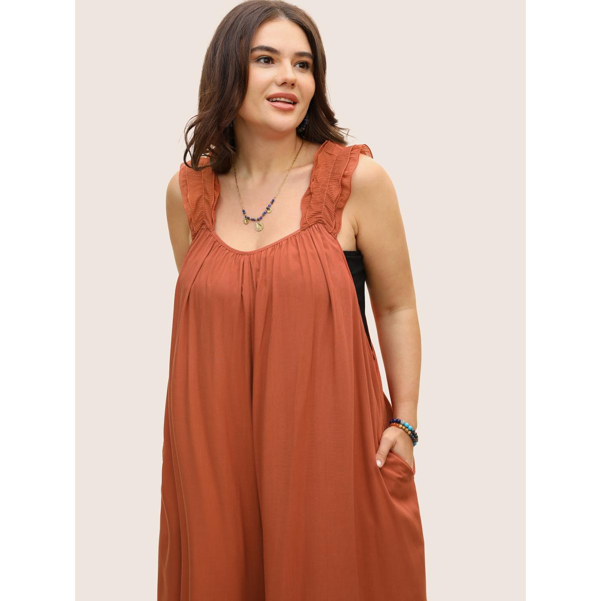 Plus Size Rust Rayon Ruffle Trim Gathered Tie Knot Jumpsuit Women Resort Sleeveless V-neck Vacation Loose Jumpsuits BloomChic 26/4X Product Image