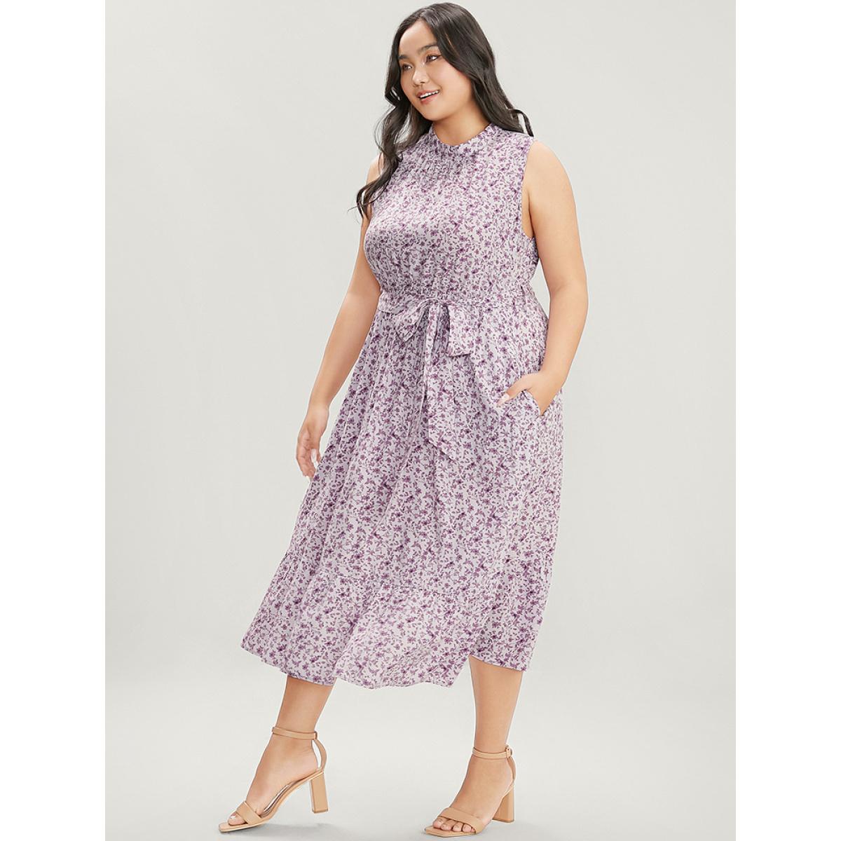 Plus Size Ditsy Floral Keyhole Pocket Belted Mock Neck Ruffles Dress Lavender Women Elegant Pocket Mock Neck Sleeveless Curvy Midi Dress BloomChic 22-24/3X Product Image