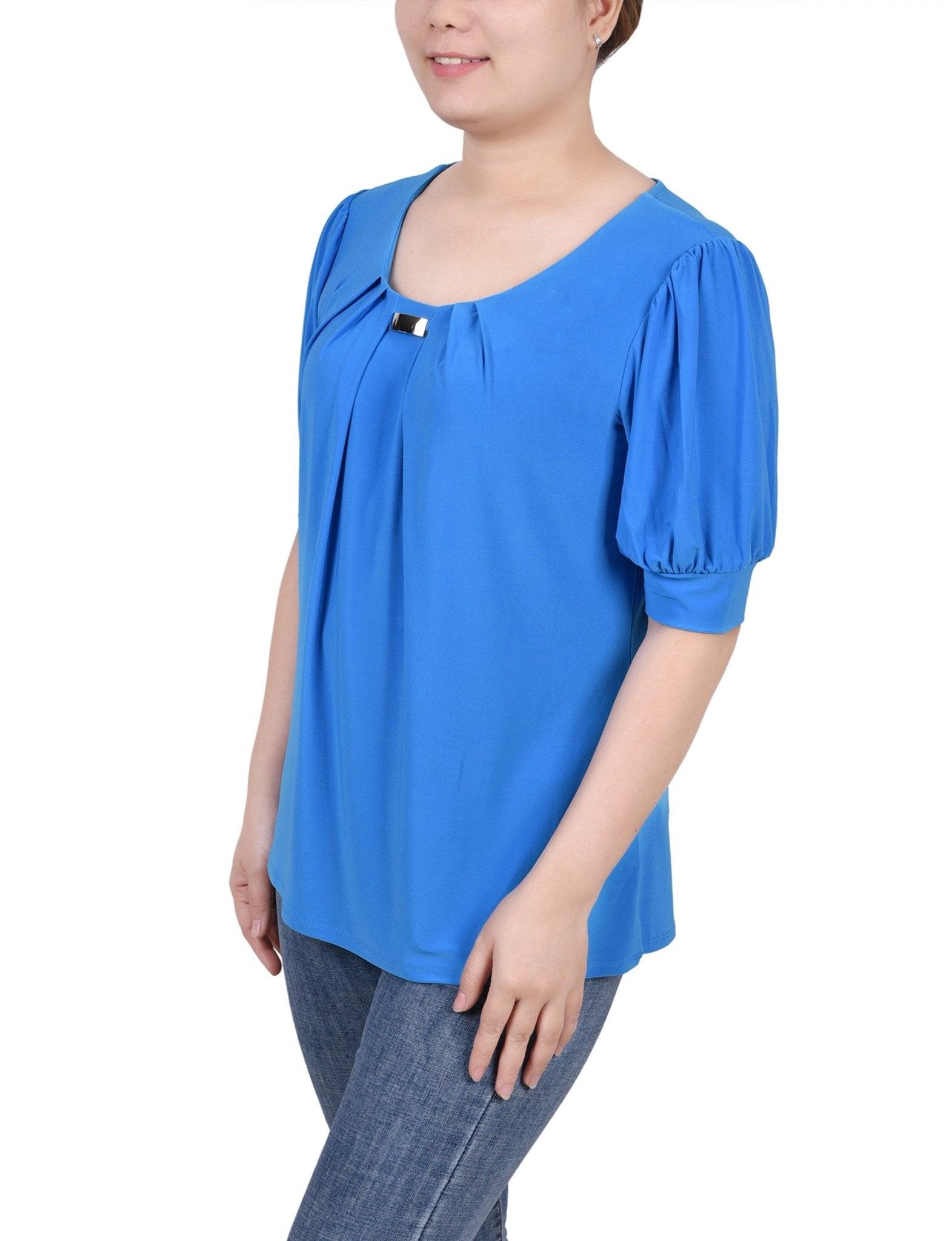 Electric Blue Short Sleeve Balloon Sleeve Top With Hardware Product Image