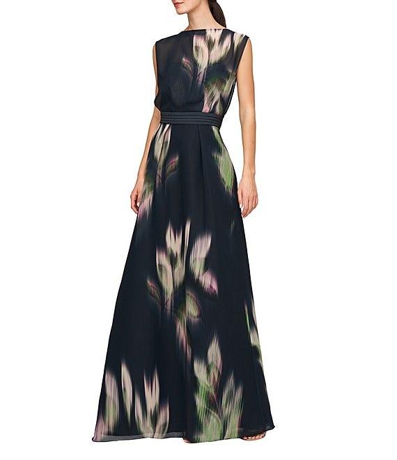 Kay Unger Floral Printed Chiffon Boat Neck Sleeveless Keyhole Back Side Pocket Gown Product Image
