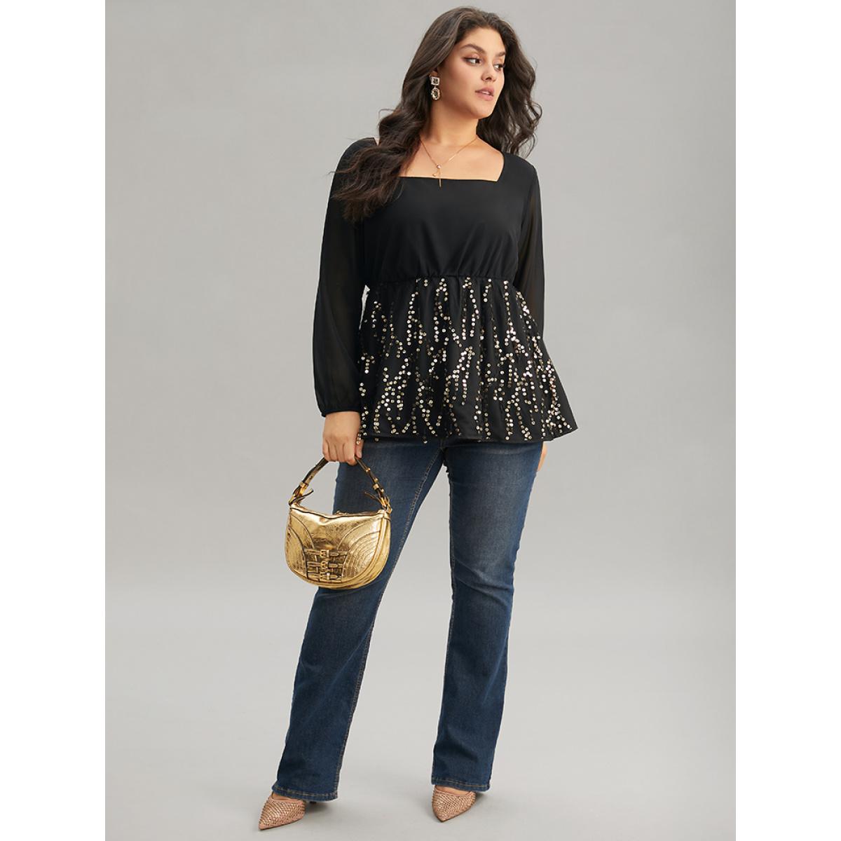 Plus Size Black Sequin Mesh Patchwork Square Neck Blouse Women Glamour Long Sleeve Square Neck Going out Blouses BloomChic 10/M Product Image