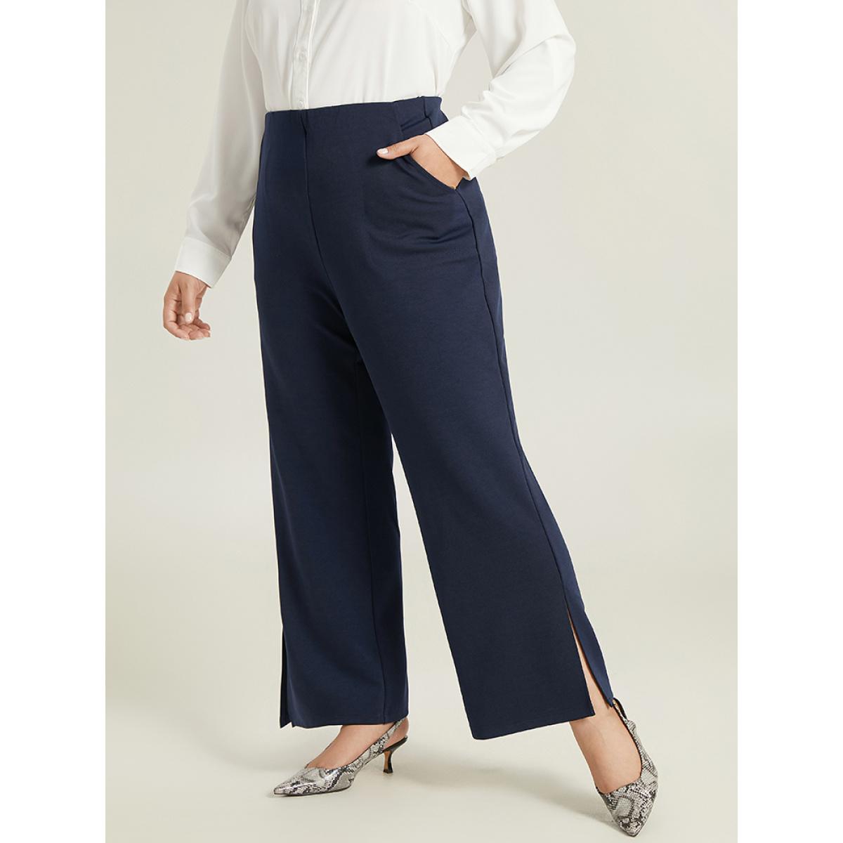 Plus Size Solid Split Side Elastic Waist Pants Women Indigo Office Straight Leg High Rise Work Pants BloomChic 26/4X Product Image