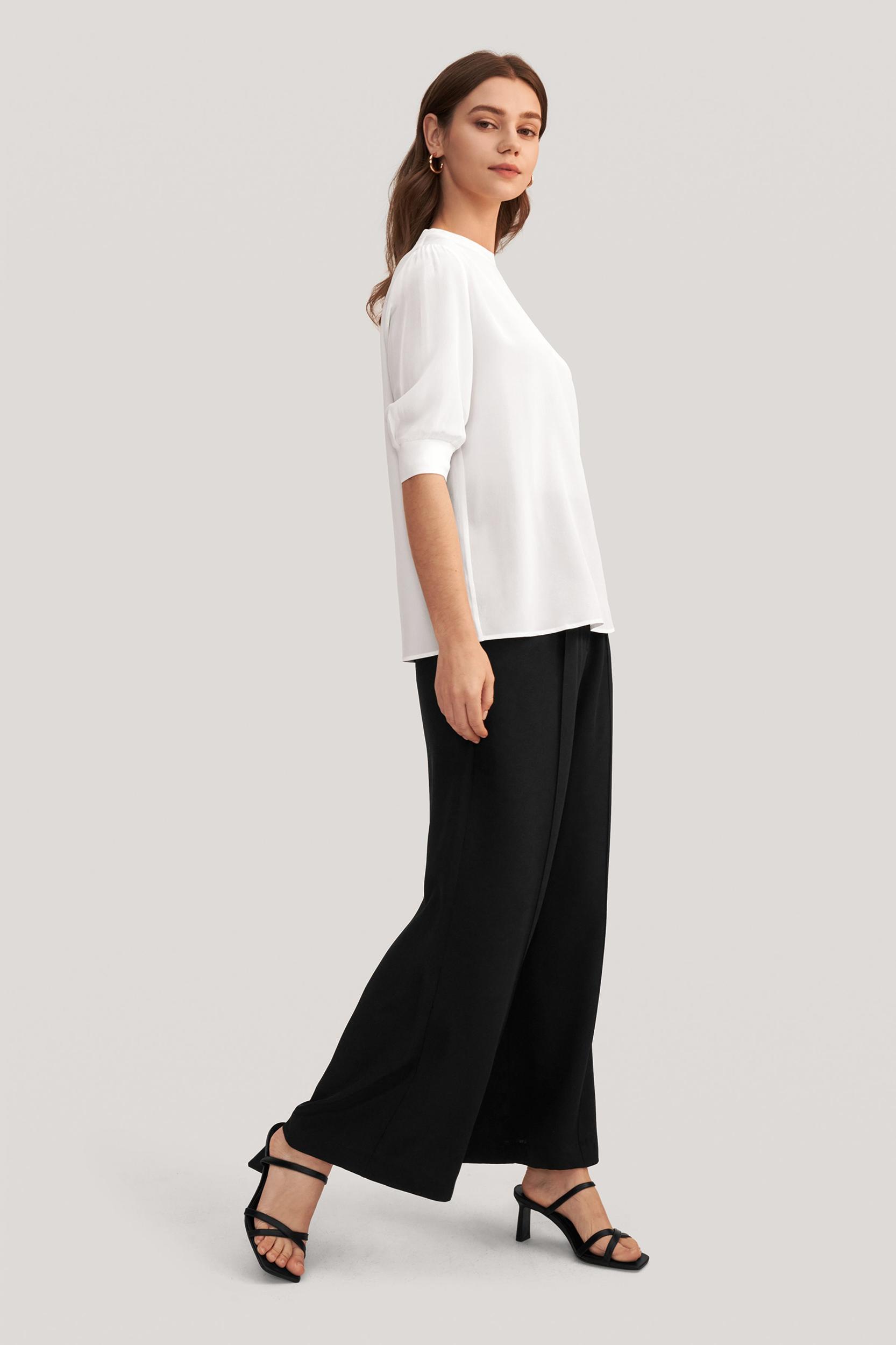 Elegant Casual Silk Tee With Rib Cuff Product Image
