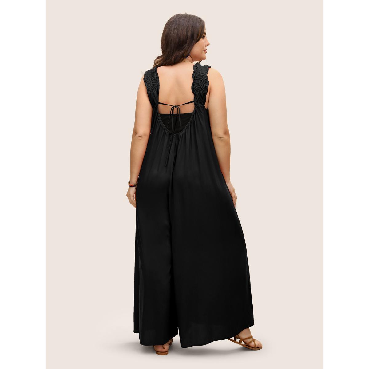 Plus Size Black Rayon Ruffle Trim Gathered Tie Knot Jumpsuit Women Resort Sleeveless V-neck Vacation Loose Jumpsuits BloomChic 28/5X Product Image