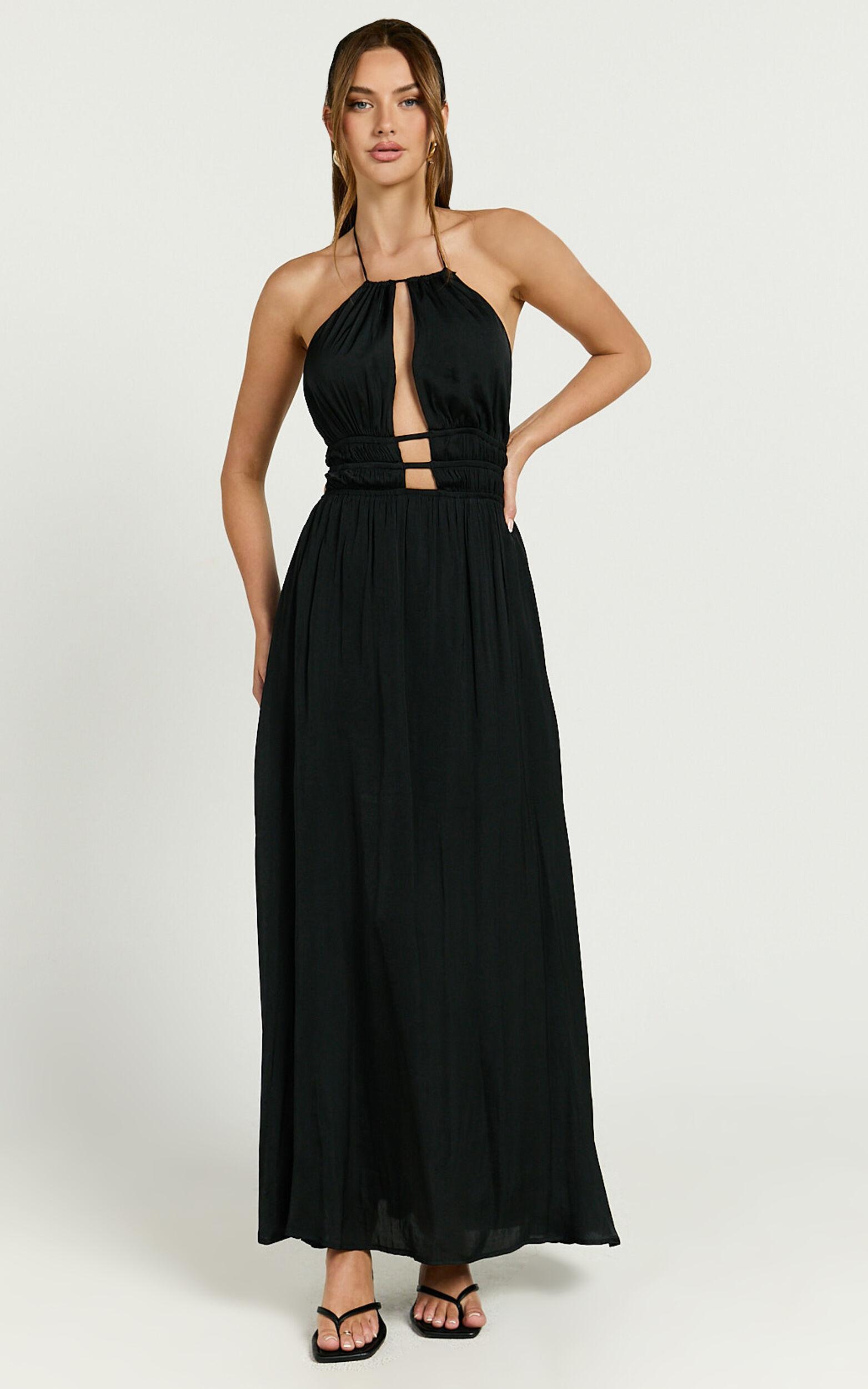 Denisa Maxi Dress - Open Back Halter Dress in Black Product Image