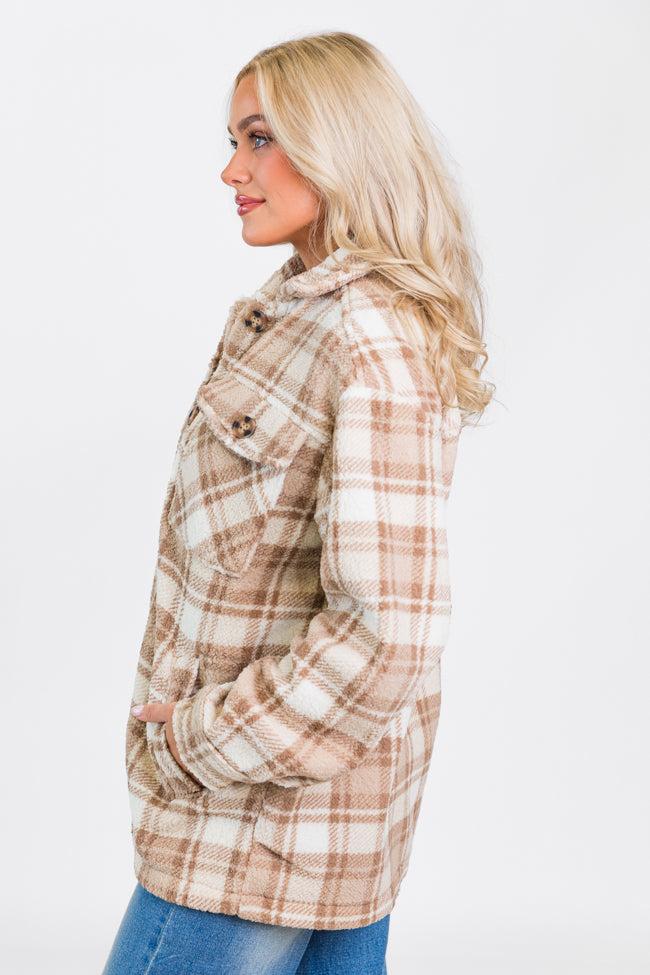 Through The Leaves Khaki Sherpa Plaid Shacket FINAL SALE Product Image