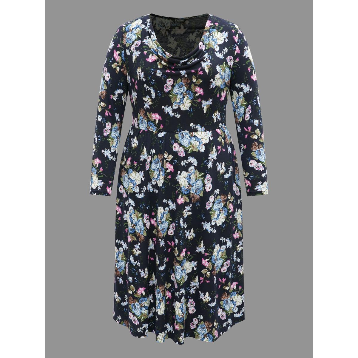 Plus Size Super Soft Cowl Neck Knit Floral Dress BlackFlower Women Casual Non Knit Dresses Bloomchic 28/5X Product Image