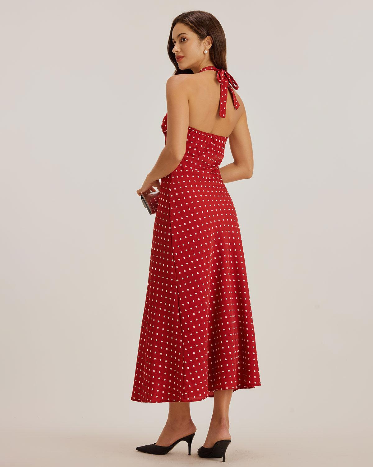 Red Polka Dot Halter Maxi Dress Product Image