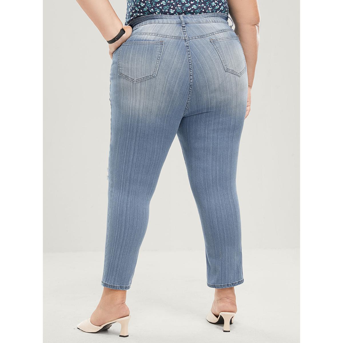Plus Size Skinny Very Stretchy Mid Rise Light Wash Distressed Jeans Women Blue Casual Plain Distressed High stretch Pocket Jeans BloomChic 22/3X Product Image