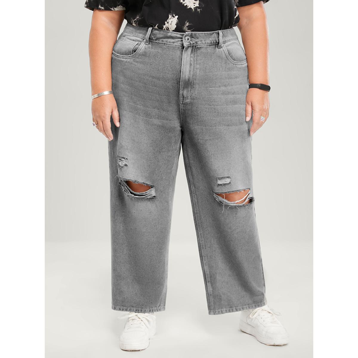 Plus Size Boyfriend Wide Leg Non Stretchy High Rise Medium Wash Jeans Women LightGray Casual Plain No stretch Pocket Jeans BloomChic 24/3X Product Image
