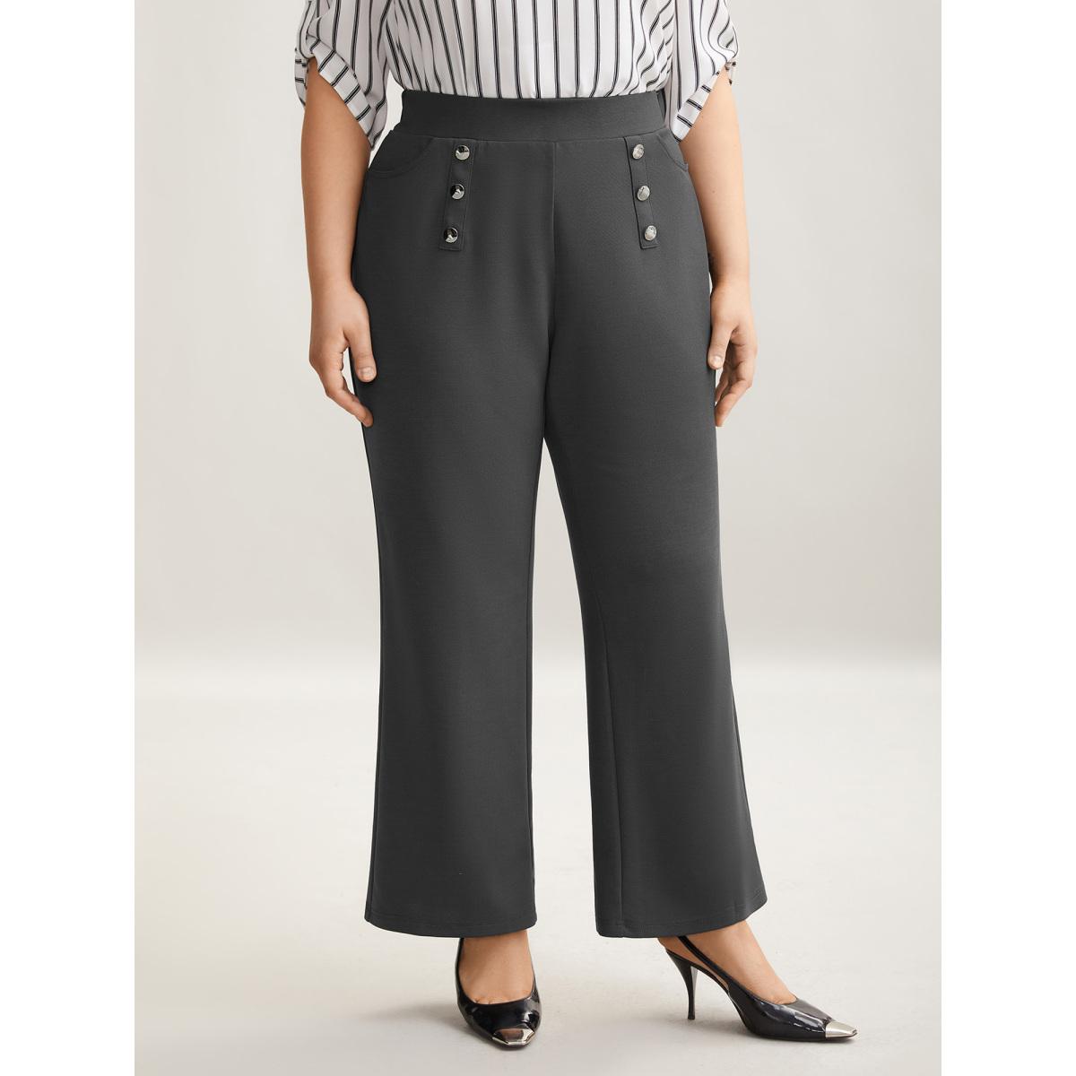 Plus Size Button No-Waist Gap Pull On Pants Women DimGray At the Office Bootcut Mid Rise Work Pants BloomChic 14-16/1X Product Image